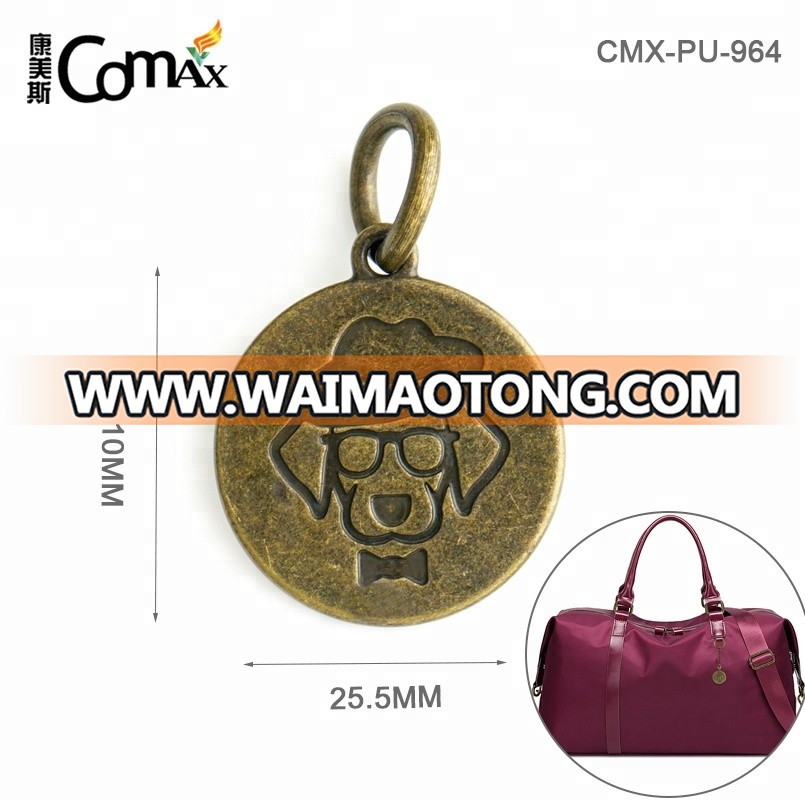 Round Shape With Ring Antique Brass Custom Brand Logo Metal Engraved Tag